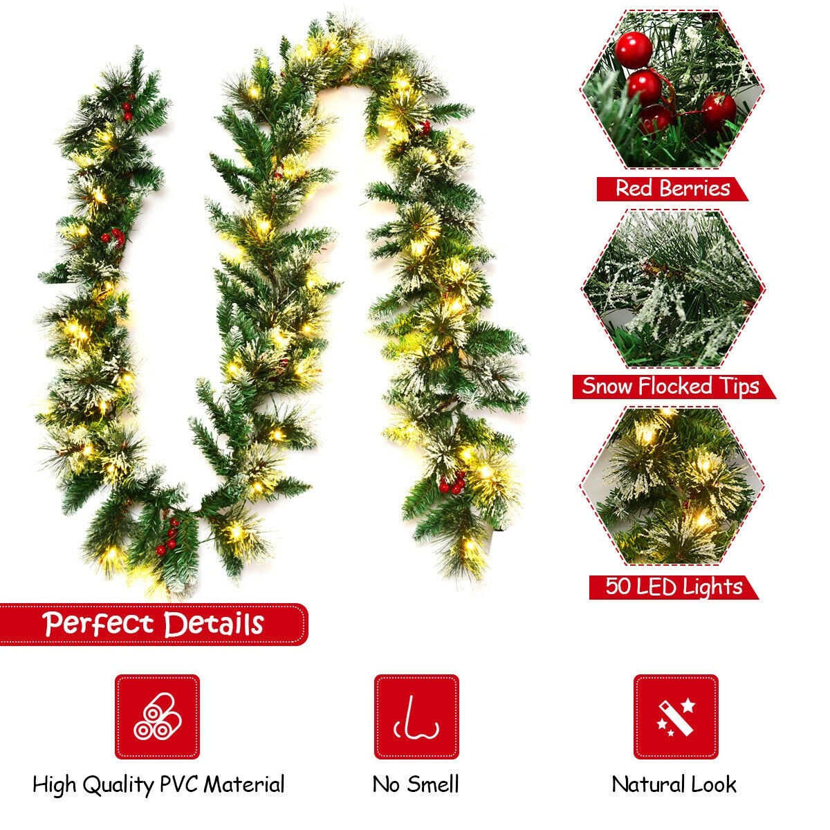 9 ft Pre-lit Snow Flocked Tips Christmas Garland with Red Berries 50 ...